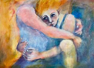 This sensitive image of two women hugging is full of tenderness and care. Painted during Covid, the narrative suggests how many of us may be feeling at the moment during uncertain times and sometimes we all need a hug. Women supporting women during difficult times. The power of the hug should never be underestimated.